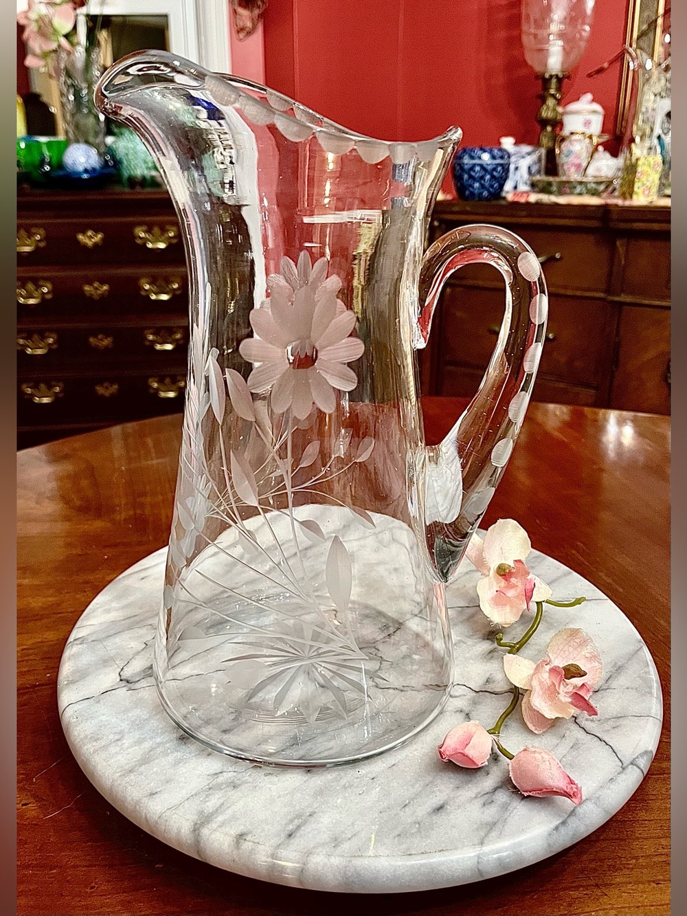 VTG W.J. Hughes "Corn Flower" Cut Glass Pitcher Starburst Base, Elegant MCM